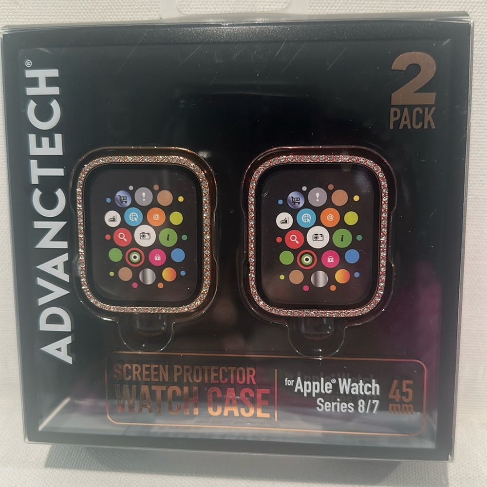 NIB ADVANCTECH  2 Pack Apple Watch Screen Protector Watch Case for Series 8/7.